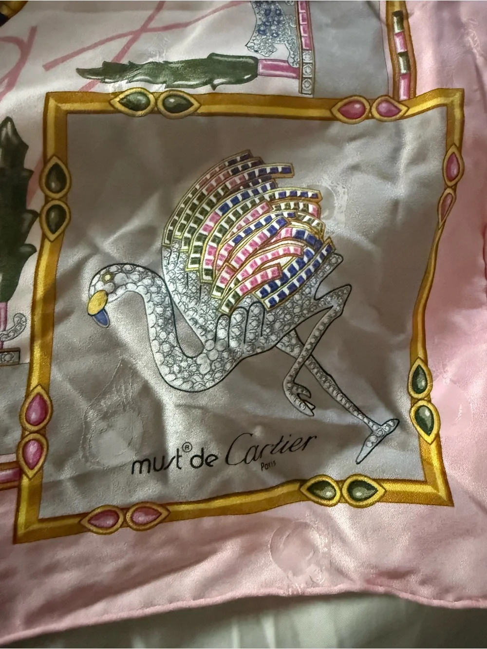 Vintage Must de Cartier Jewelry Animals Silk Scarf 34x34 pink